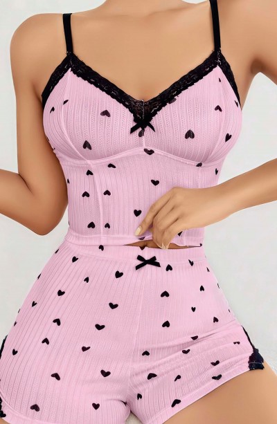 Kadın Pembe Kalp Desenli Askılı Şortlu Pijama Takım 5013