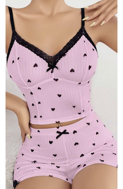 Kadın Pembe Kalp Desenli Askılı Şortlu Pijama Takım 5013