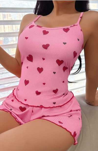 Kadın Pembe Kalp Desenli Askılı Şortlu Takım 5103