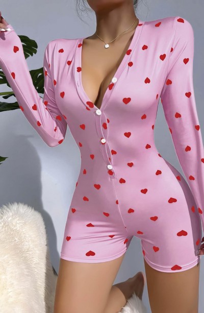 Kadın Pembe Kalp Desenli Pijama Tulumu 5121