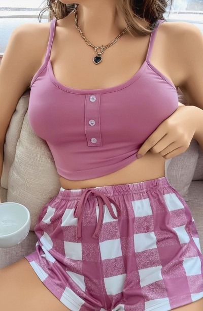 Kadın Pembe Kareli Desenli Askılı Şortlu Pijama Takım 5003