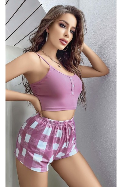 Kadın Pembe Kareli Desenli Askılı Şortlu Pijama Takım 5003