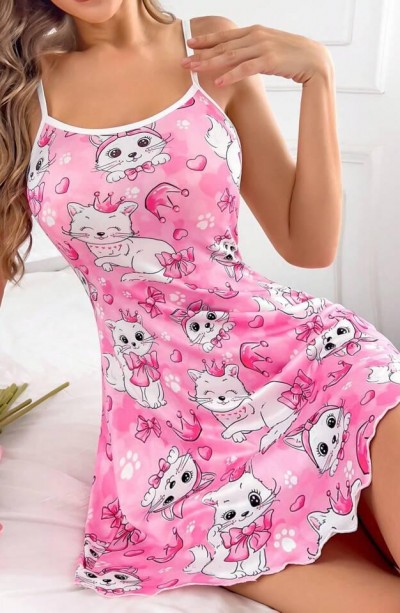 Kadın pembe kedi desenli gecelik