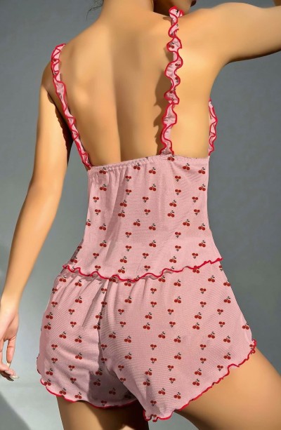 Kadın Pembe Kiraz Desenli Fırfırlı Şortlu Gecelik Takım 5102