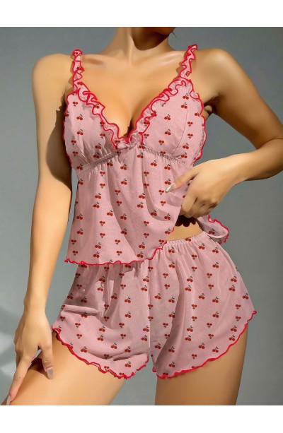 Kadın Pembe Kiraz Desenli Fırfırlı Şortlu Gecelik Takım 5102
