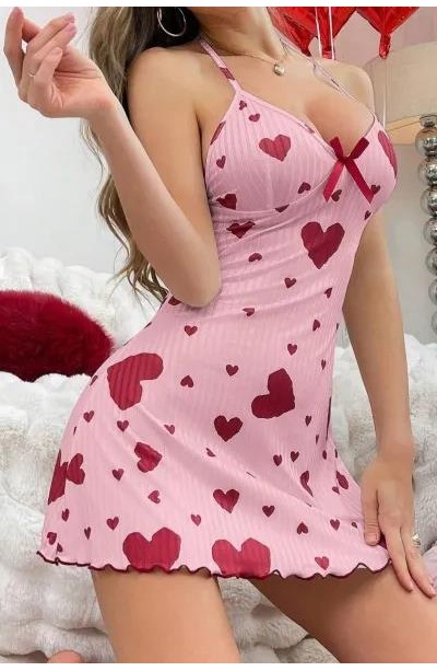 Kadın Pembe Kırmızı Kalp Desenli Askılı Sırt Dekolteli Elbise 5064