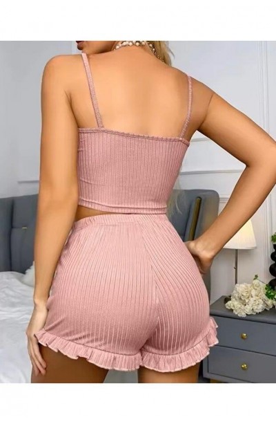 Kadın Pudra Dantel Detaylı Şortlu Gecelik Pijama Takımı 5015