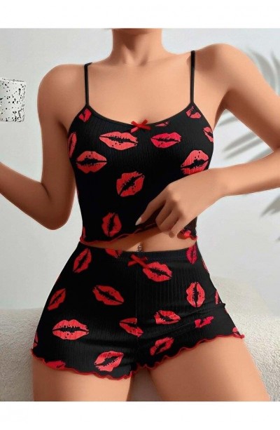 Kadın Siyah Dudak Desenli Şortlu Pijama Takımı 5057