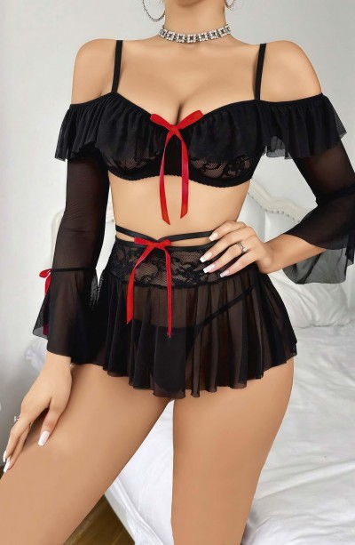 Kadın Siyah Etek Bustiyer Sexy Gecelik Takım 2157