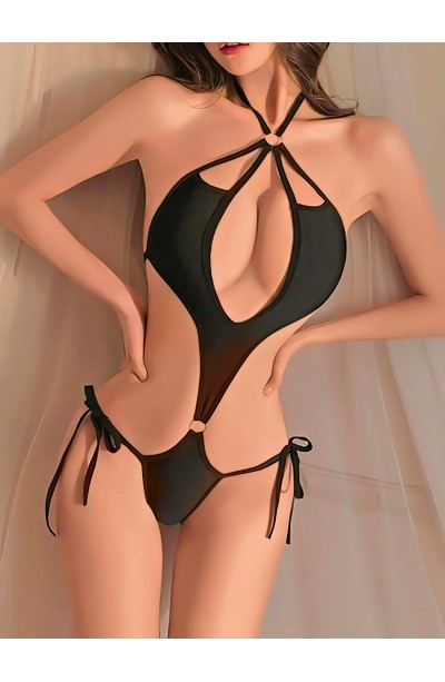 Kadın Siyah Fantezi Boyundan Bağlama Halka Detaylı Sexi Kostüm 2046