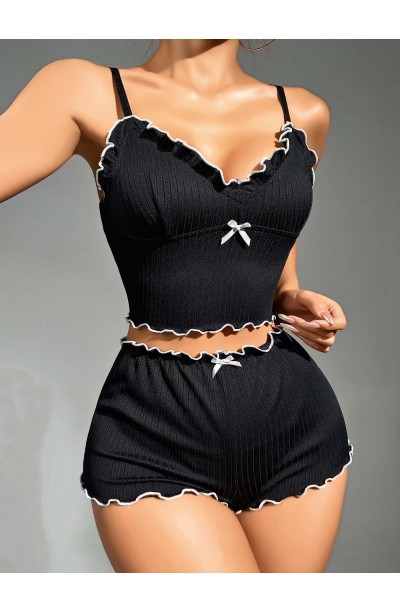 Kadın Siyah Fitilli Askılı Şortlu Pijama Takım 5042