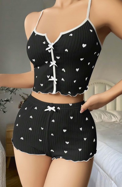 Kadın Siyah Kalp Desenli Askılı Şortlu Pijama Takım 5008