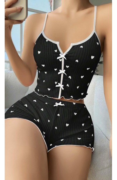 Kadın Siyah Kalp Desenli Askılı Şortlu Pijama Takım 5008