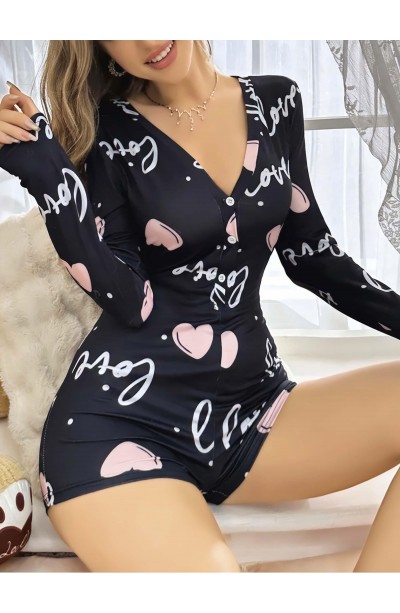 Kadın Siyah Kalp Desenli Love Yazılı Pijama Tulumu 5124