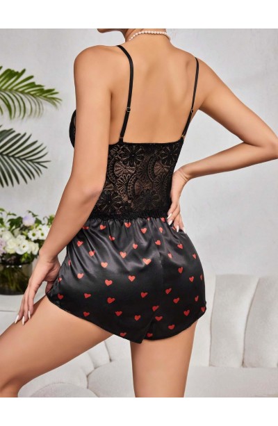 Kadın Siyah Kırmızı Kalp Desenli Saten Şort Pijama Takımı 2232