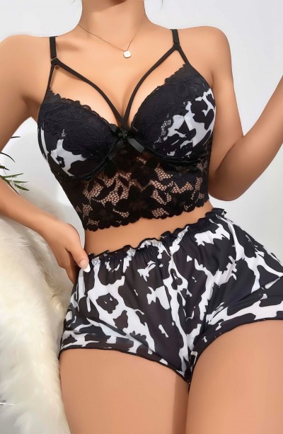 Kadın Siyah Leopar desenli Dantel detaylı Şortlu Gecelik Pijama Takımı 5055