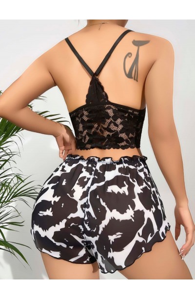 Kadın Siyah Leopar desenli Dantel detaylı Şortlu Gecelik Pijama Takımı 5055