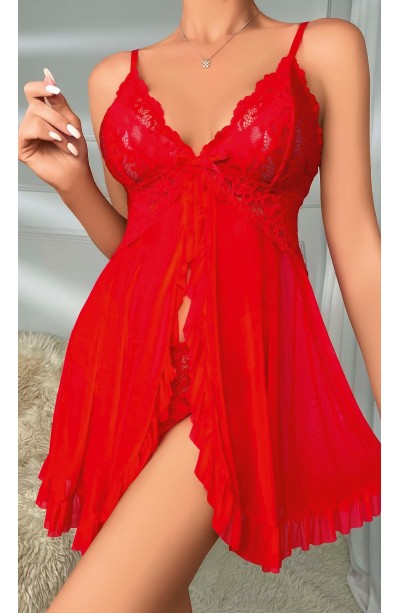 Kadın Transparan Dantel Detaylı Şık Kırmızı Fantezi Gecelik 2099