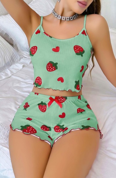 Kadın Yeşil Çilek desenli Şortlu Pijama Takımı 5060
