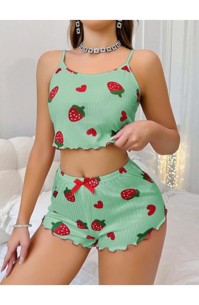 Kadın Yeşil Çilek desenli Şortlu Pijama Takımı 5060