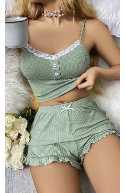 Kadın Yeşil Dantel Detaylı Şortlu Gecelik Pijama Takımı 5014