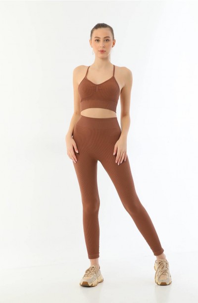 KAHVE MI Emay 3921 Soft Seamless Ripli Tayt Yoga Takımı