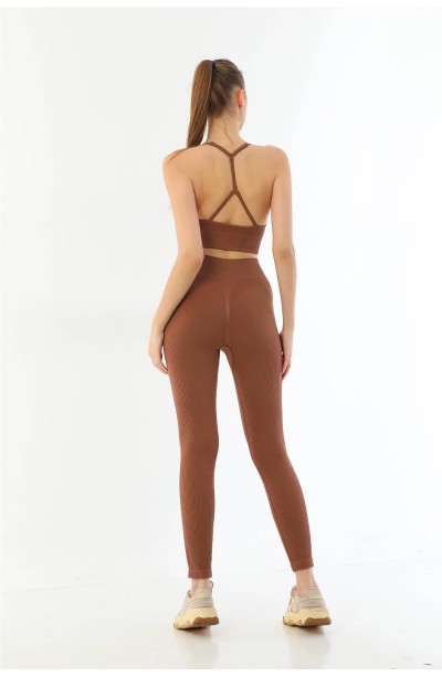 KAHVE MI Emay 3921 Soft Seamless Ripli Tayt Yoga Takımı
