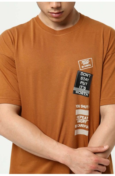 Kahve Ön ve Kol Baskılı Erkek Oversize Kısa Kollu T-Shirt
