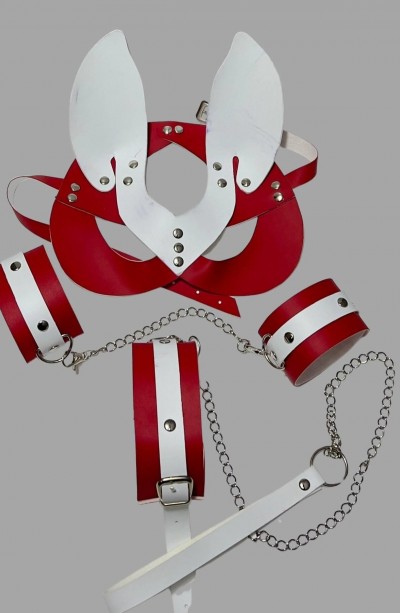 Kımızı/Beyaz 3Lü Tasma,Kelepce Maske Set 800474