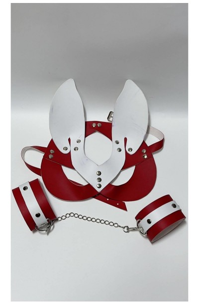 Kırmızı/Beyaz Tavşan Kulaklı Deri Sexi Maske Ve Kelepce 800490