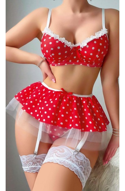 Kırmızı Puantiye Etekli Kadın Fantezi Seksi Kostüm 2076