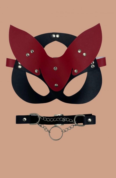 Kırmızı/Siyah Maske Ve Çivili  Zincirli Tasma Deri Set 800255