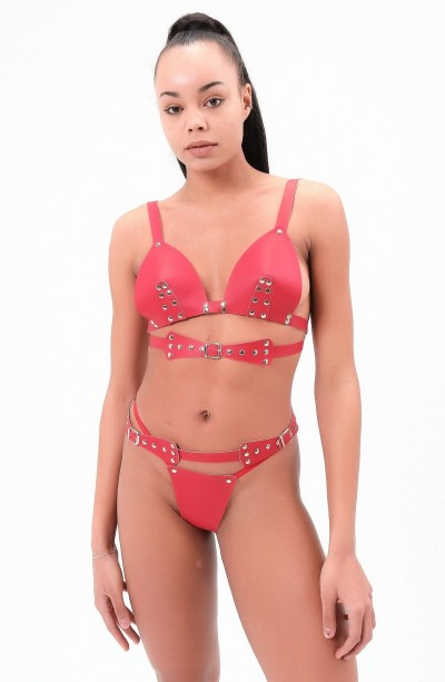 Kırmızı Yumuşak Suni Deri Sexi Fantezi Sütyen Külot Takım 800453