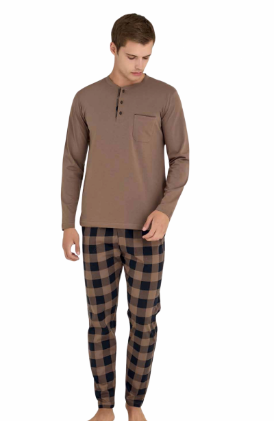 KLY Battal Erkek Kışlık Pijama Takımı Nescafe Rengi 9108 % 100 Pamuk