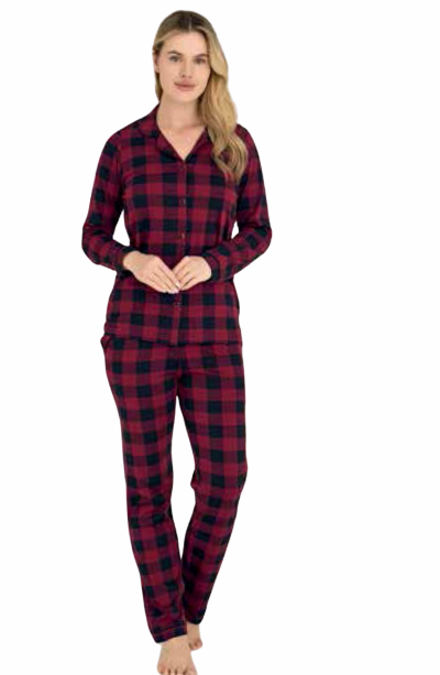 KLY Kadın Kareli Önden Düğmeli Mürdüm Kışlık Pijama 9205