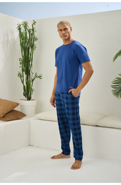KLY Kısa Kollu Altı Kareli Capucina Rengi Yazlık Erkek Pijama Takımı