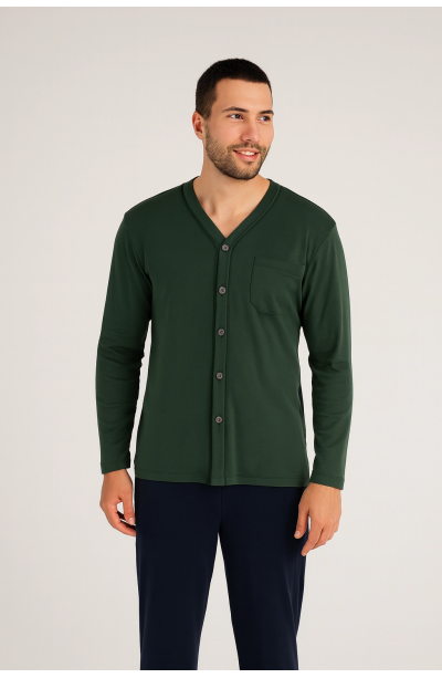 KLY V Yaka Boydan Düğmeli Battal Boy Erkek Pijama Takımı 9267 % 100 Pamuk