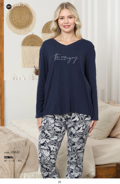 Limissi kadın v yaka Üstü Lacivert pijama takımı 26622
