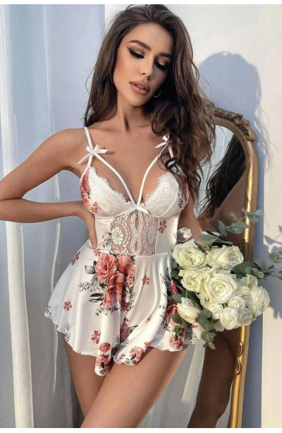 Mikro Üstüne Çiçek Baskılı Dantelli Babdoll Fantezi Fantezi Gecelik takım 95051
