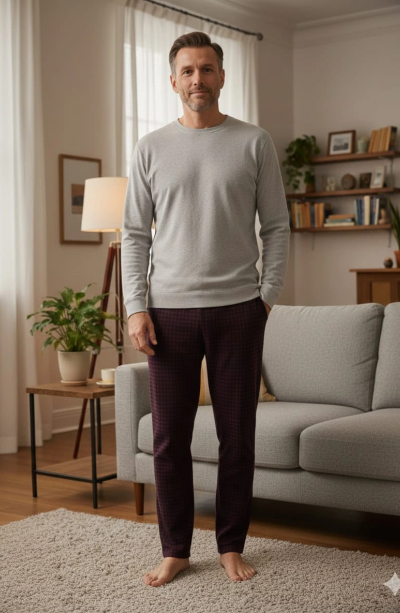 Pijalüx Tek Alt Cepli Örme Ekose Ev Pantolonu