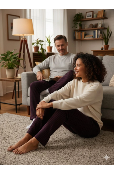 Pijalüx Tek Alt Cepli Örme Ekose Ev Pantolonu