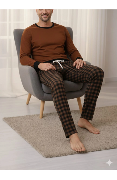 Pijalüx Tek Alt Ekose Kalın Poplin Kışlık Ev Pantalonu