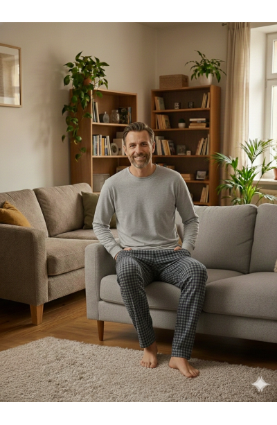 Pijalüx Tek Alt Örme Ekose Ev Pantolonu