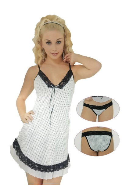 Pınar Beyaz Puantiyeli Gecelik ve KülotTakımı