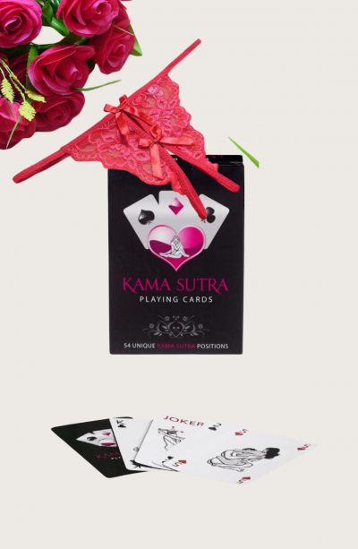 Sexi Görselli Oyun Kartı Kama Sutra Kırmızı Ortası Açık Dantel Tanga Külot İkili Setmodel BK1012
