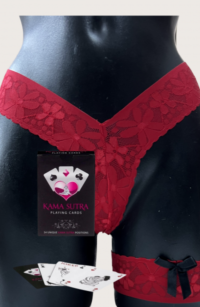 Sexi Görselli Oyun Kartı Kama Sutra Kırmızı Dantelli Bacak Bantı ve Külot üçlü Setmodel BK1019