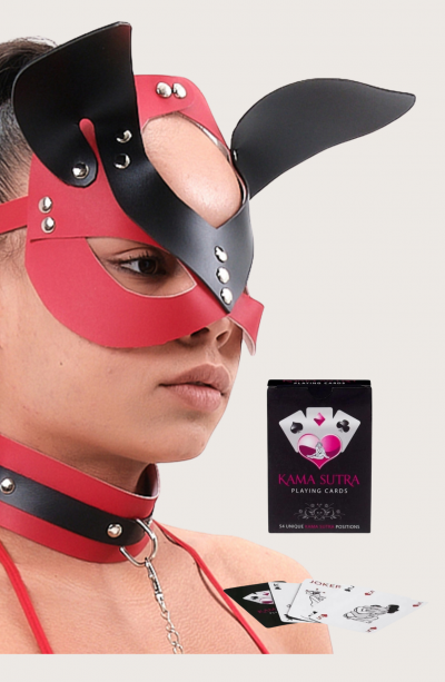 Sexi Görselli Oyun Kartı Kama Sutra Şeytan Kulaklı Deri Harness Maske İkili Set model BK1049