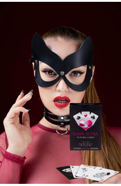 Sexi Görselli Oyun Kartı Kama Sutra Siyah Deri Boyun Tasmalı  Tavşan Kulak Maske model BK1069