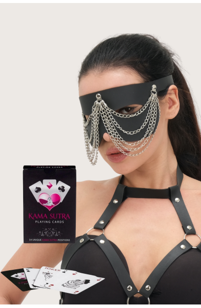 Sexi Görselli Oyun Kartı Kama Sutra Zincirli Deri Maske ikili Set BK1074
