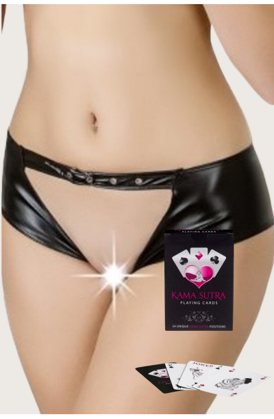 Sexi Görselli Oyun Kartı Kama Sutra Siyah Ortası Açık Deri Görünümlü Baxer Külot model BK1110